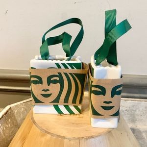 Two Starbucks ceramic bag ornaments-NEW